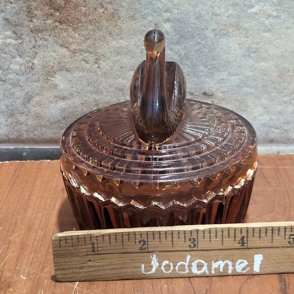 Vintage Cut Panel Glass Swan Lid Covered Powder Dish Trinket Box Vanity Jar - Picture 8 of 12